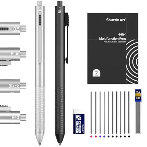 【セット内容】黒、青、赤のボールペン(1.0mm)とシャープペン(0.5mm)が1本にまとまった4in1多機能ペンが2本セットになっています。さらに、黒の替え芯6本、青・赤各2本、シャープの芯1チューブ、消しゴム1個が付いています。学生からビジネスパーソンまで、オフィスや学校、自宅での日常の書きものはもちろん、入学や卒業のプレゼントとしても十分に活躍します。 【ワンタッチ切替デザイン】重力で作動する機構により、ペンをちょっと傾けるだけで、ボールペンとシャープペンがワンタッチでの切り替えが可能となり、スムーズな書き心地を実現します。書きたいときにすぐ書けるので、作業の流れが効率的に進められます。 【滑らかインクと書きやすい芯】1.0mmのボールペンは、インクの出方が安定していて、かすれにくくなめらかです。耐水性があり、色あせしにくい速乾インクなので、にじみを気にせずきれいな文字や図面が長持ちします。0.5mmのシャープペンシルは、筆記・製図・スケッチにおいてくっきりとした線を描くことができます。