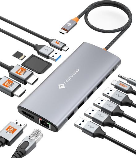 NOVOOUSBCハブ14-in-18K@30Hz3画面出力デュアル4K@60Hz40cm延長ケーブルUSB-Ctype-cドッキングステーション【DP+2HDMI+5USB+TypeC5Gbps+PD