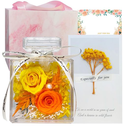 大切な方へのプリザーブドフラワープレゼント:紫色のバラの花言葉「神秘・気品・上品・お悔やみ・優雅」で、色鮮やかな花材と洗練されたデザインが調和し、贈り手の心遣いが伝わる上質なブリザードフラワーギフトに仕上げました。普通の部屋飾りとしても無論、母の日、お誕生日、結婚記念日、還暦祝い、敬老の日、古希喜寿など長寿のお祝い、ペットへのお供え花、供花、お悔やみ、新年ギフトなど様々なギフト、プレゼントにご利用いただけます。母、祖母や妻等家族達、お世話になった上司、先輩や先生など、相手を選ばないプレゼントとして使用可能で、大切な人に気持ちを伝えるにはぴったりの人気女性誕生日プレゼントです。 パフュームボトル型フラワー:美しさが続く、独特な香水ボトル調デザインのぶりざーとフラワーギフトです。超高透明の香水ボトル型アクリルケースに鮮やかでボリューム感のある枯れない花(2輪の4-5cmローズ、かすみ草、アジサイ、ライスフラワーとレザーファン)などの多種花材でアレンジしました。香りがなく、水やりの必要がなく、花が好きで香りが苦手な方でも観賞できます。