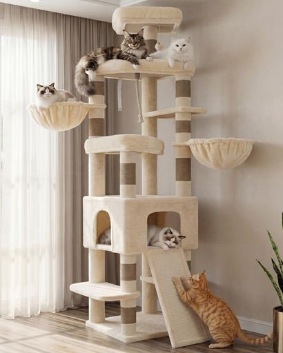 Heybly キャットタワー 210cm 大型猫対応 据え置き 猫タワー 多頭飼い 大型キャットタワー ハンモック2個 猫ハウス 爪とぎポール11本 ワイド爪とぎ板 多段ステップ 展望台 安定設計 室内猫 運…