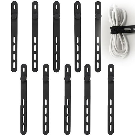 【黒色10個セット】約130mm x 12mmのシリコン製ケーブルバンドが10個入っています。ケーブル まとめる、コードまとめ、配線まとめ用として、自宅・オフィス・バッグ内の整理に使いやすいセットです。 【ロック式で長さ調整しやすい】本体に複数の穴があり、丸いロック部分に通して固定するタイプです。ケーブルの本数や太さに合わせて留め位置を変えられるため、日常の配線整理に使いやすいです。 【柔らかいシリコン素材】しなやかなシリコンバンドで、ケーブルを束ねる時に扱いやすい仕様です。使い捨てではなく繰り返し開閉できるため、充電コードやイヤホンの整理にも向いています。 【幅広い小物整理に対応】電源コード、USBケーブル、イヤホン、マウス線などのケーブルタイとしてだけでなく、カーテン、タオル、傘、花束などを一時的にまとめる用途にも使えます。 【持ち運びにも使いやすい】薄型でかさばりにくく、バッグやポーチに入れて外出先でも使えます。使用後はケーブルに付けたまま保管でき、必要な時にすぐまとめ直しやすい設計です。