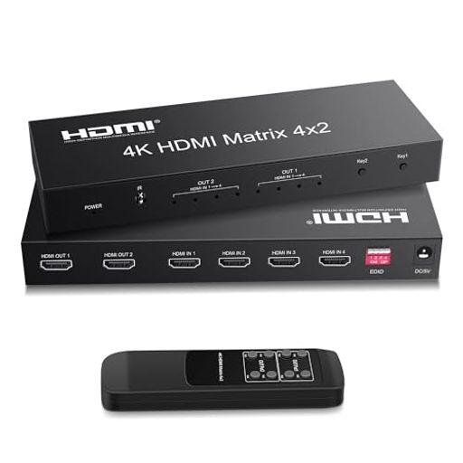 【4イン2出力マトリックス】このHDMIマトリックスは、光ファイバーまたはステレオヘッドホン出力を備えた2つのHDMIディスプレイ端子に最大4つのHDソースを接続できます。4つのHDMIデバイスを2つのHDMI対応モニターやプロジェクターに簡単に切り替えたり分割したりできます。ホームシアター、オフィス、学校、会議室、ショッピングモール、ホテル、美術館に最適なソリューションです。 【高解像度】4K x 2K、1080P、Ultra HD、3D、HDオーディオなど、さまざまなビデオ解像度をサポートします。 8/10/12ビットディープカラーに対応。 HDMI 1.4bとHDCP1.4に対応。3.4Gbps x3のデータレートと最大340MhzのTMDSクロックに対応。 【オーディオ分割&amp;編集】LPCM/Dobly/DTS 5.1チャンネルとスマートなEDID管理をサポート。 すべての入力HDソースは、SPDIFまたは3.5mmヘッドフォンオーディオ出力ポートでオーディオ抽出を個別に、または同時に行うことができます。内蔵のIRセンサーには、入力を切り替えることができる便利で直感的なリモコンが付属しています。