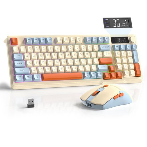 FREEWOLFxZIYOULANGM96ゲーミングキーボードマウスセット2in1メンブレンキーボードワイヤレス2.4G/Bluetooth2モード接続94キーテンキーRGB付きMAC、Windows、Linux対応マルチメディアノブ