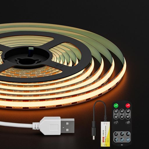 「超明るい」 DC5V 320LEDs/m 2M 8mm 2700K 電球色。5V COB LEDテープライトが卓越した照明効果を実現!従来のSMD LEDテープライトとは異なり、COB LEDテープライトはほぼ暗点がなく、180度のビーム角でより広範囲な照明を提供します。プロ仕様のデザインで、設置プロジェクトの品質を向上させます! 「高品質」二重構造の純銅PCB基板設計により、FCOB LEDテープライトに優れた信頼性と安定性を提供するだけでなく、放熱効果を大幅に向上!90以上の高い演色性指数(CRI)が空間によりリアルな色彩表現を実現。FCOB LEDテープライトは安定した性能で65,000時間以上の寿命を提供し、あらゆるニーズにお応えします! 「調光可能」RFリモコンと内蔵10段階調光機能を搭載し、任意の角度からテープライトの明るさを制御できます。コントローラーのボタン操作でも明るさを調節可能です。コントローラーはメモリー機能を備え、電源が切れても元の明るさに復帰します。 「タイマー&amp;グループ制御」内蔵3タイマー(30分/60分/90分)で設定時間後に自動消灯。