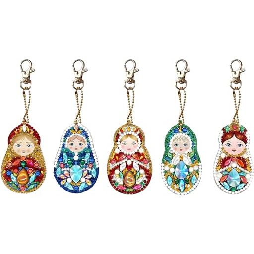 樂天商城 - ダイヤモンドアートキーホルダーキット5個、初心者が適用DIY両面ダイヤモンドビーズ刺繍、クリスマスプレゼント、誕生日または手作りクラフト(マトリョーシカ人形)