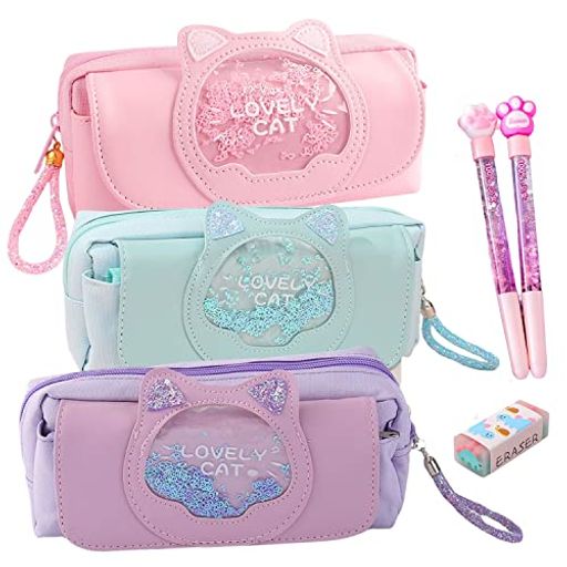【可愛いねこのデザイン】ペンケースはかわいい猫をモチーフにしたデザインで、キラキラのビーズがオシャレなペンケースとなっています。ふせんや定規などを分けて収納できるポケットがついています。 【高品質の素材】ペンケースは高品質なキャンバス素材とPUレザーで作られ、耐久性があり、汚れに強く、清掃しやすく、耐摩耗性に優れたペンケースですし、筆箱内部の物をちゃんと守ります。ファスナーが好ましく、開閉が便利で、滑らかでカートンしない。長期間使用していただけます。 【大容量で便利な3ポケット】 約21x9x7cmのサイズで、広々としたスペースには、たくさんのペンや鉛筆、定規などの文房具を収納できます。ペン類が約60-80本以上入る大容量デザイン。消しゴム、付箋、ハサミ、定規、メジャー、修正テープなどの小物もたっぷり収容できます。 筆箱は大きな開口部のデザインで、保管と検索が簡単です。 【多機能】ペンケースだけでなく、化粧ポーチ、化粧品収納、小物収納ポーチ、小物入れとしてもお使いいただけます。コンパクトなので様々な用途にご使用ください。 【素晴らしい贈り物】小学生の女の子を中心に、可愛いデザインで良い評判をいただいています。