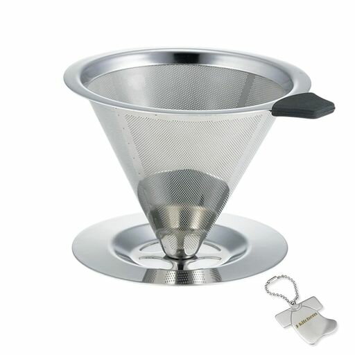 本体素材:本体:18-8ステンレス取っ手:シリコーンゴム 錆びにくいステンレス製 とても細かいステンレス製メッシュで出来ているフィルターいらずのコーヒードリッパー。 多少のコーヒー粉の微粉がカップに混じります。