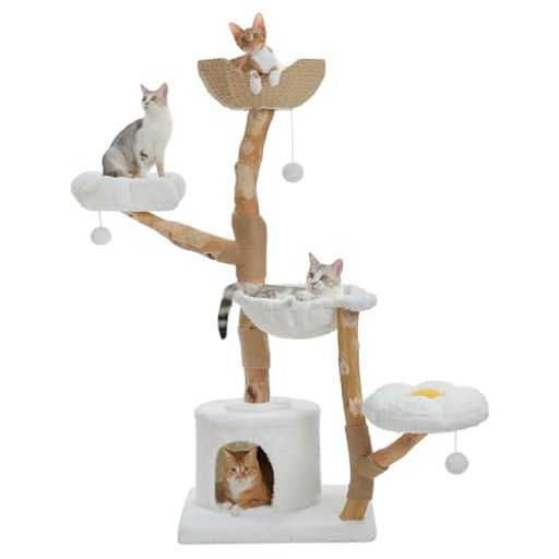 PETEPELA(ぺテぺラ) キャットタワー 木製 大型猫 ミニ 無垢材 手編みカゴ 天然木 梨の木 猫タワー モフモフ ふわふわ 多頭飼い 据え置き コンパクト 猫 爪研ぎ 麻紐 猫ハウス 展望台 おもちゃ…