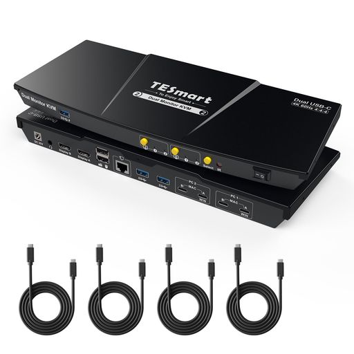 【2入力2出力 USB-C KVMスイッチ】TESmart 2x2 KVMスイッチは1セットのキーボードとマウス、2台のモニターで、最大2台のPCを制御できます。最大4K(3840x2160)@60Hzの解像度および4:4:4対応、2K@120Hzにも下位互換性があります。 【MST対応】本USB-C KVMスイッチはDP Alt Mode(DisplayPort 1.2以上)に対応したWindows PCで、マルチストリーム転送(MST)機能をご利用いただけます。USB-Cケーブル1本で複数ディスプレイに出力可能で、ドッキングステーションは不要です。PC1のUSB-C入力ポートは最大60WのPD充電に対応、PCを接続しながら同時に給電可能! 【複数の表示モード】2つのユニークな出力モードに対応しています。ひとつは拡張モードと複製モード、もうひとつはミックスモード(混合画面モード)です。M1/M2/M3チップ搭載のMacBookは、1台の拡張ディスプレイのみ対応しています。