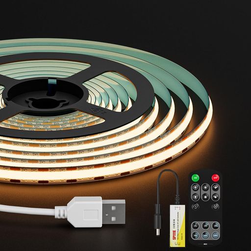 FCOB COB LEDテープライト 2M 320LEDs/m 電球色 3000K 幅8mm ストリップ RFリモコン制御 調光コントローラー DC5V USB 高密度 フレキシブル LEDロープライト 調光可能 変形可能 切断可能 室内 階段 店舗
