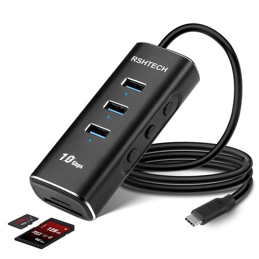 【USB 3.1/3.2 Gen 2 10Gbps 超高速転送】このUSB ハブは最大10Gbpsの新世代USB 3.1 Gen2データ転送速度に準拠。従来のUSB 3.1 Gen1(USB3.0)の2倍の転送速度を実現しました。 パソコンのUSB 3.1 Gen2 Type Cポートを3つのUSB 3.2 Gen2 10Gbps高速Type Aポートに、SDおよびTFポートに直ちに拡張し、超高速で時間短縮を実現。新世代のNVMe SSDやUSBドライブに対応しています。1GBのファイル転送ただ1秒で実現。 【超高速SD/TFスロット付き+60CMの超ロングケーブル】 SD/TFカードスロット機能は3.0チップを使用し、どちらもデータの同時読み出しが可能です。読み込み104MB/sまで、書き込み80MB/sまでスピードUP。動画やデータのスムーズな伝送を実現可能です。 スマートフォンで使用されるマイクロSDカードやデジタルカメラで使用されるSDカードに適しています。60cmの超ロングケーブルが付属しているので、デスクトップやノートパソコンに自由に接続することができます。