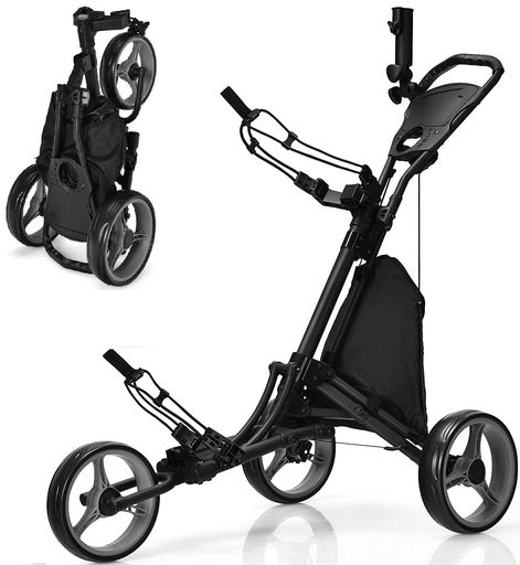 GYMAX ゴルフカート 手引き 3輪 折りたたみ 収納 コンパクト 傘差しホルダー付き フットブレーキ付き ゴルフバッグ キャリーカート プッシュカート ゴルフ体験の向上 (グレー)