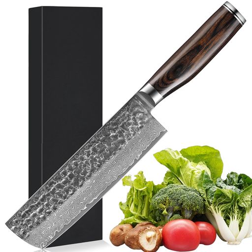 Utaki和式菜切包丁両刃野菜・スライサー5.9寸両刃菜切・178mm槌目白波刃紋の59層ダマスカス(VG-10鋼芯)ブラウン色強化積層木柄