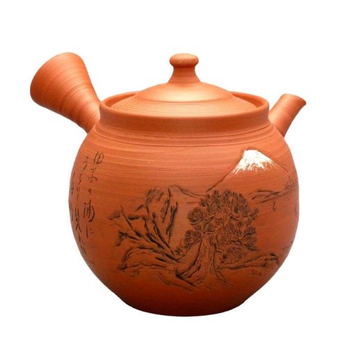 風月朱富士に和歌彫陶器製茶こし250mlミ0102