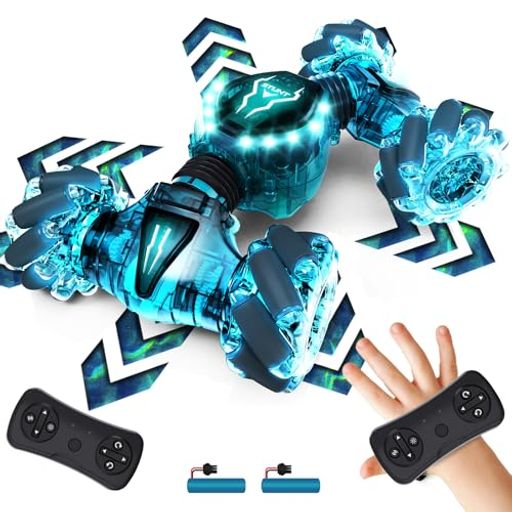 【ジェスチャー制御2.4GHzリモコン】本製品は2.4Ghzジェスチャーウォッチリモコンが同梱されています。2.4GHzシステムにより、他の電波の影響を避け、ラジコンカーに安定した信号を提供し、複数のラジコンカーを同時に走行させることができます。ジェスチャー感知ウォッチを装着することで、車を任意の方向に動かすよう簡単に指示することができます。この機能により、リモコン操作にさらなる楽しさとインタラクティブ性が加わります。 【多機能スタントカー・全地形に対応】全方位移動、両側反転だけでなく、ドリフト、変形、オンロードモードとオフロードモードを自由に切り替えることができるラジコンカーです。強力なモーターを搭載し、砂地、芝生、土、岩など、あらゆる地形に楽々と対応します。 【2つのバッテリー】 500mAh車用充電式バッテリーが搭載されています。各ボックスには2つの電池が付属しております。バッテリーはUSBで充電され、速くて便利です。また、過充電防止機能により、充電の安全性が確保されています。 【クールなLEDライト】スタントカーのホイールは魅力的な照明効果を出して、子供たちに素晴らしい視覚体験を提供します。