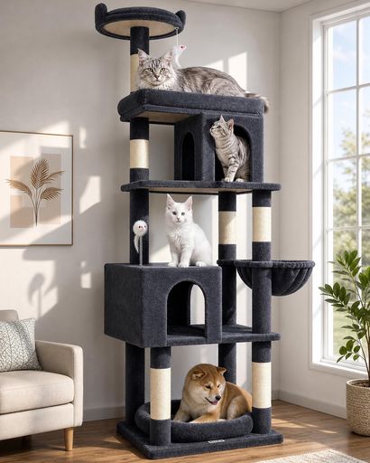 Globlazer キャットタワー 大型 頑丈 多頭飼い 高さ178 cm 付き 展望台2つ ハンモック ダークグレー S72