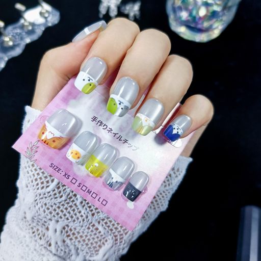 TRENTSNOOK10個入り学生風手作りネイルチップ繰り返し使えるカラフルなネイルチップフレンチニャーのつけ爪花火大会、成人式、卒業式、デート、カラオケに最適(M)