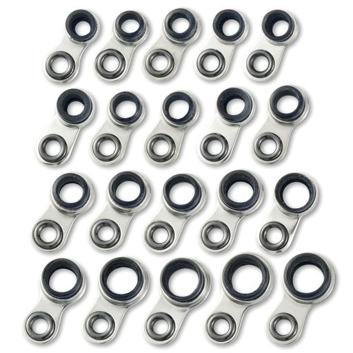 ロッドガイド20点セット ガイドサイズ:3.1mm/3.2mm/3.3mm/3.4mm/3.5mm/3.6mm/3.7mm/3.8mm/3.9mm/4.0mm/4.2mm/4.4mm/4.6mm/4.8mm/5.0mm/5.2mm/5.4mm/5.6mm/5.8mm/6.0mm リングサイズ:(5#)外径約5mm。内径約2.7mm 素材 フレーム:ステンレス リング:セラミック