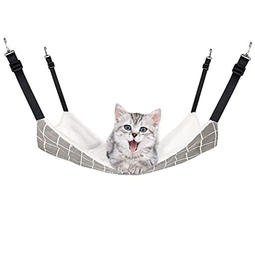 アウトドア 1.【製品仕様】冬夏両用の猫ハンモック、10kgまでの荷重に耐えられます。L展開 サイズ: 約58x48cm。 2.【優れた素材】一面が柔らかい素材でふわっふわの暖かい冬用です。もう一面がキャンバス生地で、通気性に優れていて、暑い夏用です。 3.【自由調整】 ストラップにベルトバックル設計で、ベルトの長さを自由調整できます。 4.【インストール簡単】 フックをひっかけるだけなので、工具不要、ケージ等に簡単インストールできます。 5.【洗濯可能】何回も洗って繰り返し使え、いつでも清潔、キレイに保持できます。(ご注意、フックが金属ですので、手洗いか洗濯ネットのご使用をお勧めします)。