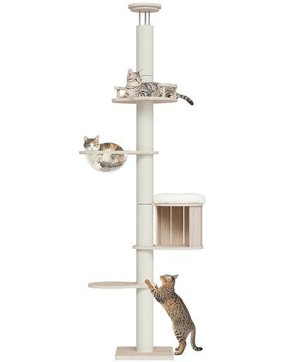 クライミング 【高さ調整可能】193-250cmまで対応可能な突っ張り式キャットタワー。トップは3本の調節ネジで天井にしっかり固定でき、揺れにくく大型猫や多頭飼いでも安心。延長用ポール付きで高い天井にも対応可能、安心して長くご使用いただけます。 【多機能デザイン】宇宙船ハンモック(直径30cm)、猫ハウス(直径35cm)、展望台(長さ48x幅40cm)&amp;ジャンプ台を搭載。登る・休む・遊ぶ・眺めるを1台で実現し、室内飼い猫の運動不足解消やストレス発散にも最適。 【直径12cmの極太ポール】頑丈な爪とぎポストを採用。白い綿ロープ巻きで猫の爪研ぎ欲を満たしつつ、やさしい手触りで家具やソファを保護。ナチュラルな見た目でインテリアにも調和し、大型猫でも安心して使用可能。 【天然木製マルチボード】高品質の天然橡膠木多層板を使用。耐久性が高く、ジャンプしても揺れにくい設計。大型猫や多頭飼い世帯でも安心のキャットタワー。 【省スペース&amp;運動不足解消】スリム設計ながら多段構造で、省スペースでもしっかり遊べる天井突っ張り猫タワー。室内飼い猫の運動不足・ストレス解消に効果的。