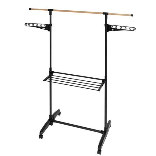 【仕様】●材質:パイプ/スチール樹脂パーツ/ABS樹脂、ポリプロピレン●サイズ:使用時/約幅770~1310x奥行530(キャスター外側時)x高さ1575mm収納時/約幅770x奥行130(キャスター内側時)x高さ1575mm●重さ:約2330g●カラー:ブラック●耐荷重:上部パイプ/6kg伸縮パイプ/各1kgタオルパイプ/各0.3kgハンガーアーム/各1kg