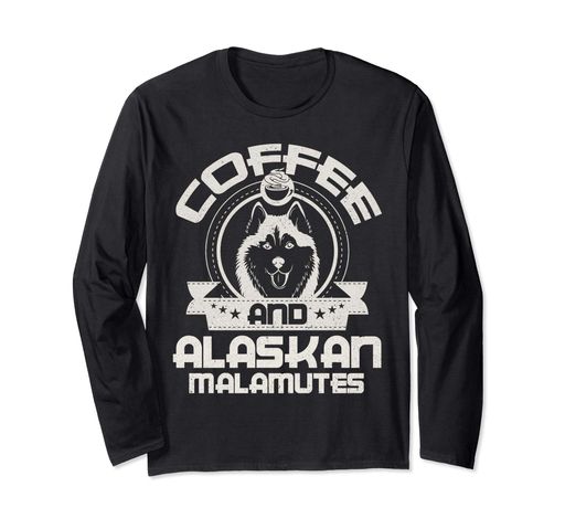 コーヒーとアラスカンマラミュートコーヒーを飲む犬飼い主恋人長袖Tシャツ