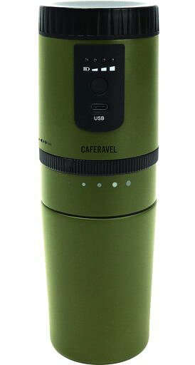 エステエール(Estale) コーヒーメーカー 電動式 一人分 キャンプ アウトドア に オールインワン caféravel (豆を挽く、ドリップ、飲む これ一台で) オリーブ グリーン MEK-A107OG