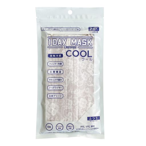 1DAYMASKCOOLふつうサイズLACE-L.GRAY1袋7枚入2袋セット冷感不織布マスク柄マスク