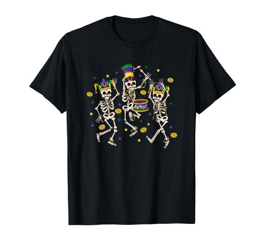 マルディグラダンシングスケルトンジョーカーハットビーズマスク楽しいTシャツ