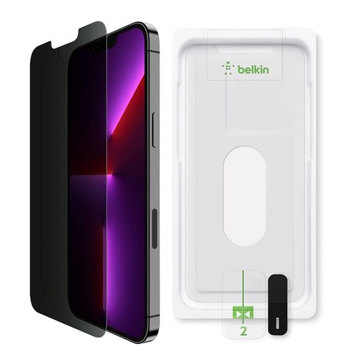 iPhone14Plus/13ProMax用のスクリーン保護フィルム・強化ガラス 【のぞき見防止!】横からの覗き見を防ぐ!正面90度からはキレイな画面左右30度のぞき込み防止。 【減菌率99%!】抗菌技術協議会(SIAA)準拠の抗菌コーティングにより、画面上の細菌増殖が99%*減少、大腸菌を有効的に抑制。 【硬度9Hの耐衝撃強化ガラス「日本AGC旭硝子」を採用】4層構造で最も安心、より強い耐久性と弾力性を実現。 【極薄0.33mmガラスでより高い透過性】指紋防止、傷防止、高い透明度、高いタッチ感度。 【簡単取付】付属の「EZAlignトレイ」で、かんたんにキレイに貼れる。気泡の発生や位置ズレを防止。 【安心と信頼】安心の2年保証、日本語サポート 【充実した安心の日本語サポート】日本国内にサポートセンターがあり、充実したサポートを受けられます。サポート電話番号:03-6706-4176。メール:japansupport@belkin.com