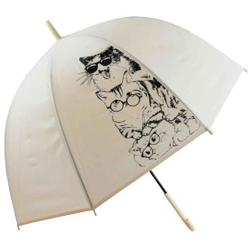 ベーシックスタンダード長傘レディースドーム型大きい65cm軽量手開き丈夫耐風グラスファイバー骨かわいい猫ワンポイントベージュ