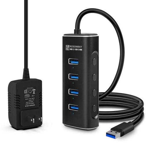 ROSONWAYUSBハブ3.1Gen2電源付き10Gbpsアルミ製4ポート100cmケーブル付きUSBHUBバスパワーとセルフパワー両用5VACアダプタ独立スイッチ付き