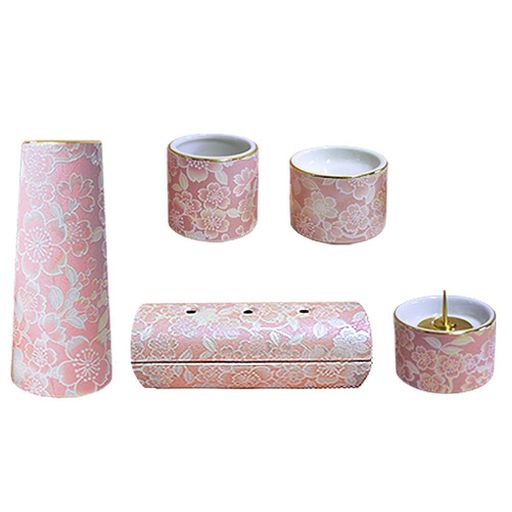 Other - 陶器製モダン仏具5点セット『ゆい花』(横置き筒型香炉)桜(j1272-1-5)