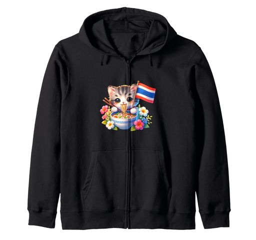かわいいパッドタイの子猫が猫麺ボウルが大好きですジップパーカー