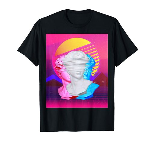 レトロなシンセウェイブの背景にグリッチ効果のあるヴェイパーウェイヴ像Tシャツ