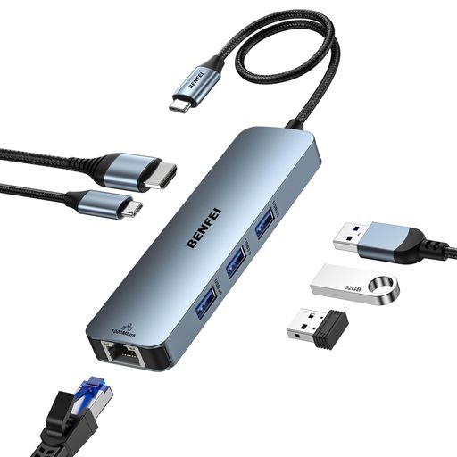 BENFEIUSBCハブ6-in-1:HDMI(4K@60Hz)、ギガビットLAN、100WPD充電、USB3.0x3、シリコンケーブル&アルミ..