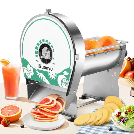Huanyu電動スライサー業務用野菜スライサー電動・手動両用厚さ0-10mm調整全体304#ステンレス製水洗可能なブレード大容量野菜/果物/レモン/きゅうり/ポテト/人参日本語説明書付き