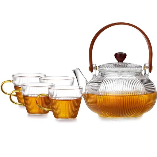ポカロティー耐熱ガラスティーポットセット縦縞硝子急須ティーカップ4個ランタン形おしゃれ上手型紅茶..