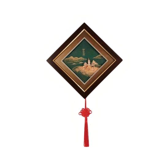 アジアンアート壁掛け額縁伝統的な山水画緑と茶色の木製フレーム中国風タッセル付きダイヤモンド形和風..