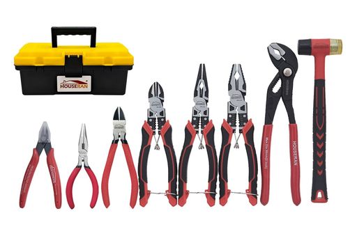 HOUSERAN工具8点セットケース付きニッパーペンチラジオペンチウォーターポンププライヤーゴムハンマー家庭用・DIY・修理用(4.0)