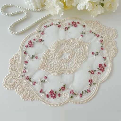 Q’fooテーブルランナーレース刺繍入り花柄白北欧風センタークロスアンティーク調おしゃれコースター花..