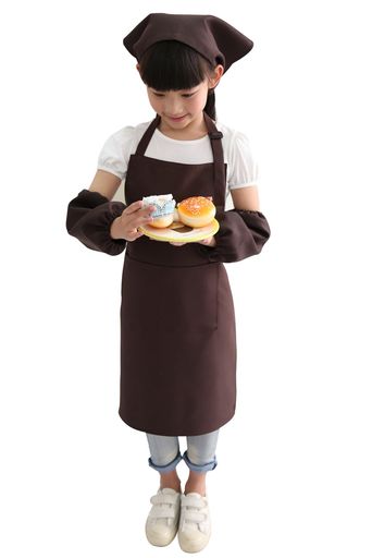 [ZIRAIFEN]子供用エプロンアームカバー三角巾セット3点セット男女兼用着脱簡単サイズ調節子供趣味料理人絵画園芸焙煎ポリエステルエプロン(ダークコーヒーM)