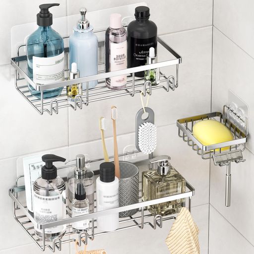 Goovilla浴室用ラック3セット穴あけ不要バスルームバスケットフック付き強力粘着固定耐荷重15KGステンレス製錆びないキッチン/風呂場/洗面所壁掛け棚(シルバー)(3.0)