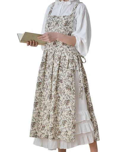 [TOWYYO]花柄エプロンかわいいおしゃれワンピース型お尻が隠れる綿100%2Wayポケット付き肩掛けロング丈..