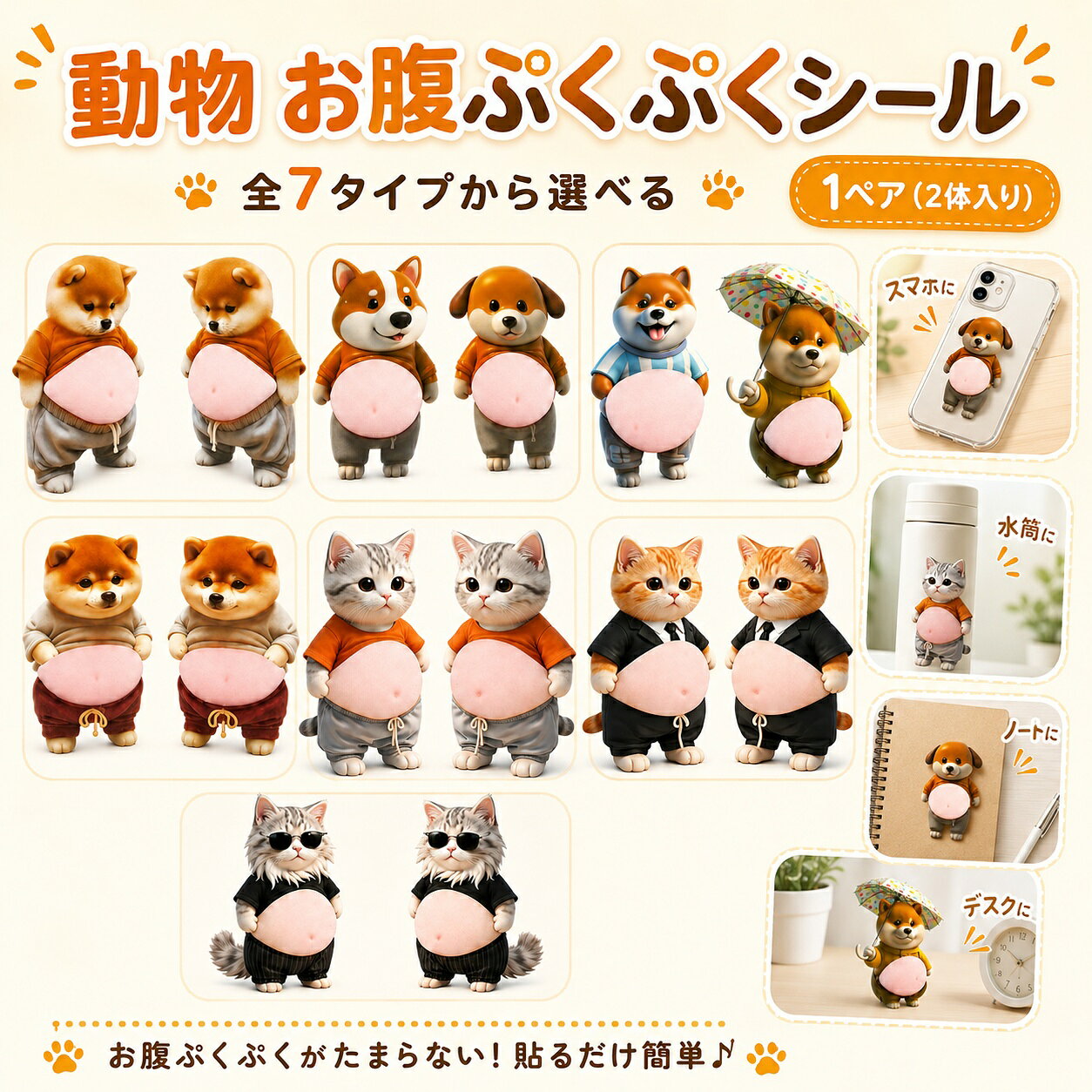 即納 3D ぷにぷにシール デブ犬 柔らかいお腹 もっちりスクイーズ ストレス解消 ふわふわ かわいい マシュマロ触感 癒し スクイーズ ステッカー シー ル帳 デコレーション 携帯電話飾り用 手帳用 日記帳用 手芸用品 ストレス解消おもちゃ happypro-10008170 ハッピープロ パッケージ画像