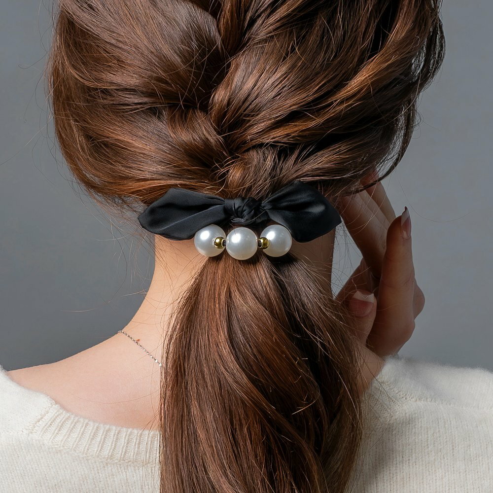 Rakuten - 【送料無料】 ヘアゴム パール リボン メタルボール おしゃれ ヘアアクセサリー 髪留め まとめ髪 ポニーテール ハーフアップ ヘアアレンジ 大人 ブラック