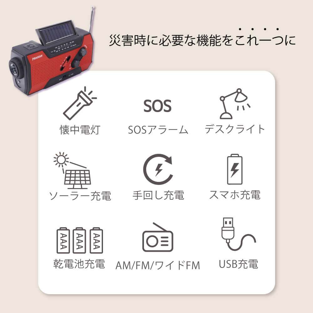 多機能防災ラジオ 電池使用可 防災ラジオ 防災グッズ LEDライト ソーラー充電ポー...