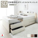 【P10倍:6/22 20:00 - 6/27 01:59】収納付きベッド 通常丈セミダブル 日本製薄型ポケットコイルマットレス付き 通常床板タイプ 照明付 お客様組立