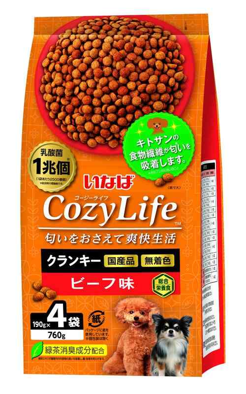 いなば Cozy Life (コージーライフ) クランキー ビーフ味 190g×4袋食物繊維のキトサンがフンの臭いを吸着します。乳酸菌1兆個(1袋あたり2,500億個)配合し、愛犬のお腹の調子を保ちます。緑茶消臭成分配合