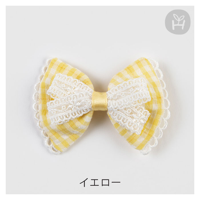 ボンネ ベビー レース ヘアリボン ヘアクリップ ヘアアクセサリー チェック柄 黄色 イエロー 春 夏 ギンガムチェック レース ヘアピン